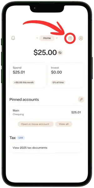 Wealthsimple app home screen showing the referral gift icon used to enter code _Y024Q